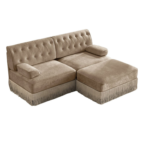 English Elm L-shaped Velvet Chesterfield Sectional Sofa with Tassel Skirt and Tufted Modular Design Camel W714S01695
