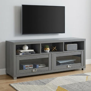 57 Inch Gray Wood Tv Stand with Mixed Shelving and Cabinet Storage for Living Rooms