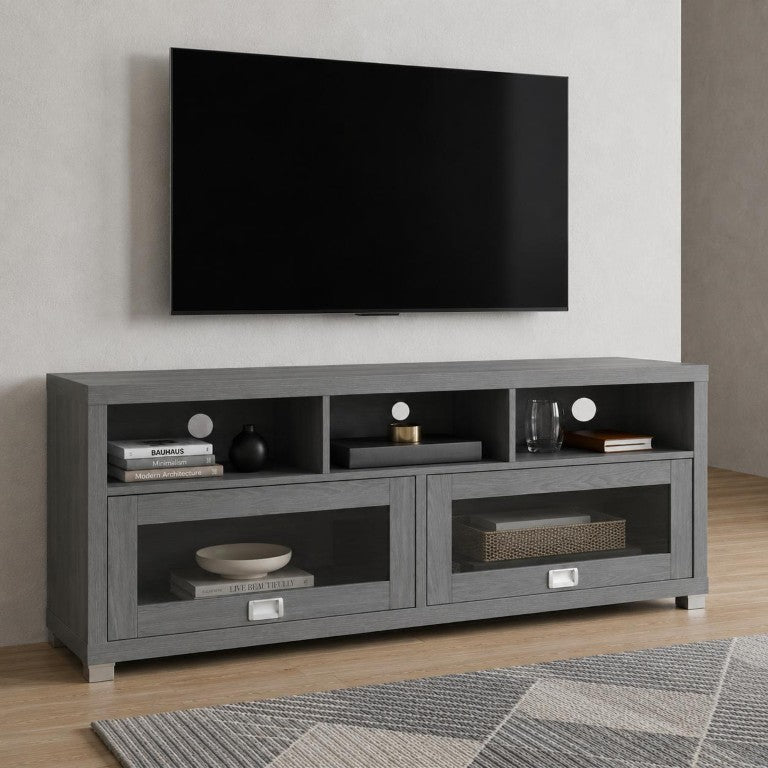 57 Inch Gray Wood Tv Stand with Mixed Shelving and Cabinet Storage for