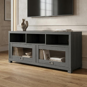 57 Inch Gray Wood Tv Stand with Mixed Shelving and Cabinet Storage for Living Rooms