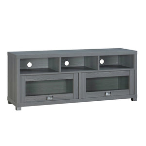57 Inch Gray Wood Tv Stand with Mixed Shelving and Cabinet Storage for Living Rooms