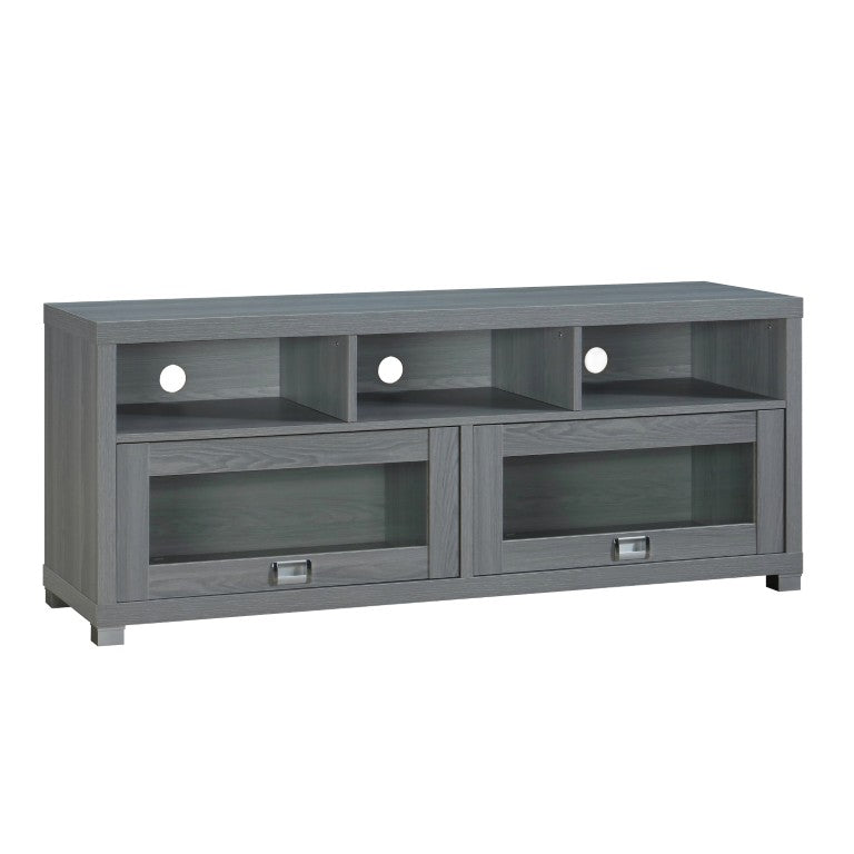 57 Inch Gray Wood Tv Stand with Mixed Shelving and Cabinet Storage for