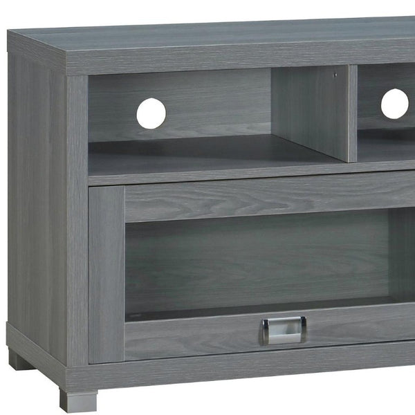 57 Inch Gray Wood Tv Stand with Mixed Shelving and Cabinet Storage for Living Rooms