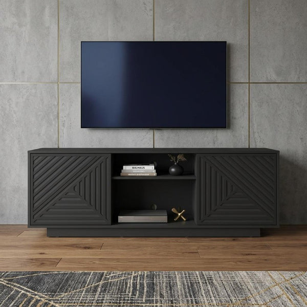 63 Inch Ribbed Wood Tv Stand with Enclosed Cabinets and Open Display Shelving for Living Room