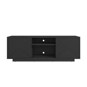63 Inch Ribbed Wood Tv Stand with Enclosed Cabinets and Open Display Shelving for Living Room