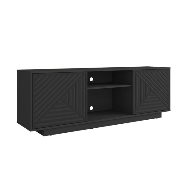 63 Inch Ribbed Wood Tv Stand with Enclosed Cabinets and Open Display Shelving for Living Room