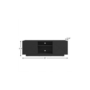 63 Inch Ribbed Wood Tv Stand with Enclosed Cabinets and Open Display Shelving for Living Room