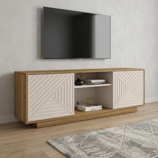63 Inch Ribbed Wood Tv Stand with Enclosed Cabinets and Open Display Shelving for Living Room