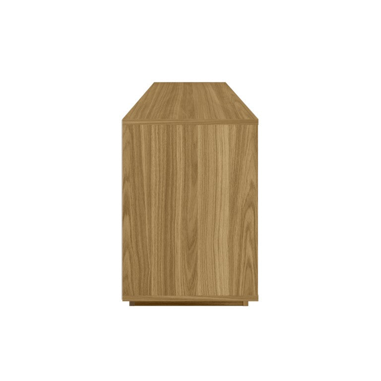 63 Inch Ribbed Wood Tv Stand with Enclosed Cabinets and Open Display Shelving for Living Room