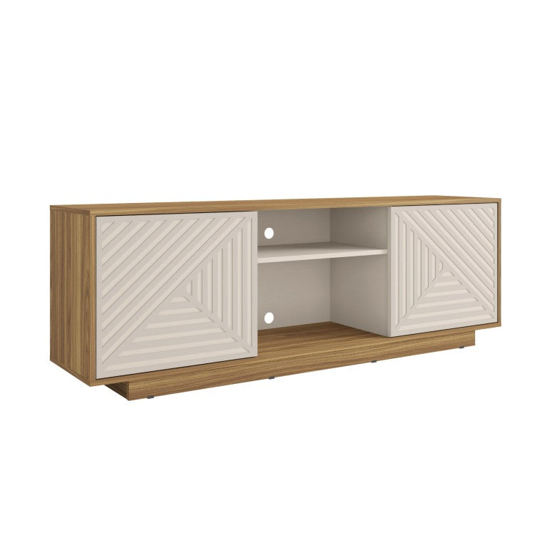 63 Inch Ribbed Wood Tv Stand with Enclosed Cabinets and Open Display Shelving for Living Room