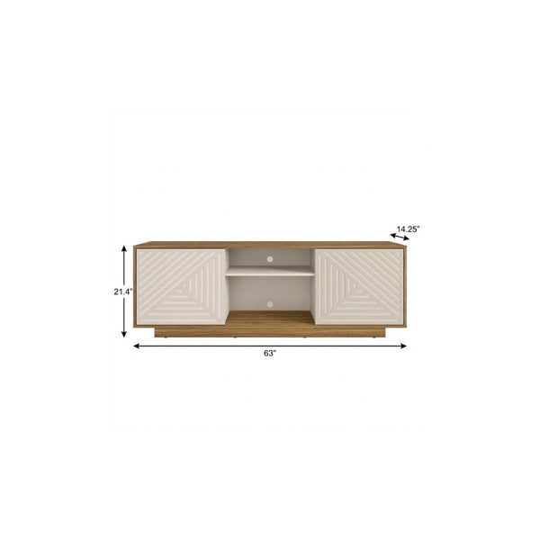 63 Inch Ribbed Wood Tv Stand with Enclosed Cabinets and Open Display Shelving for Living Room
