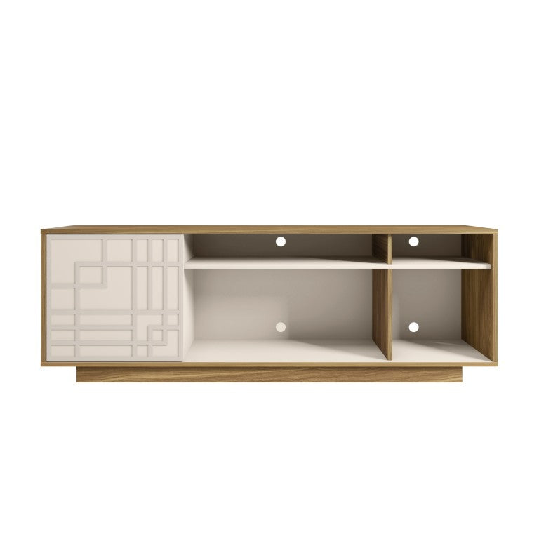 HomeRoots 63 Inch Natural White Geometric Carved Wood Tv Stand with Enclosed Open Shelving 724163