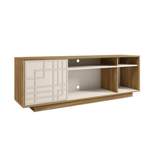 63 Inch Natural White Geometric Carved Wood Tv Stand with Enclosed Open Shelving