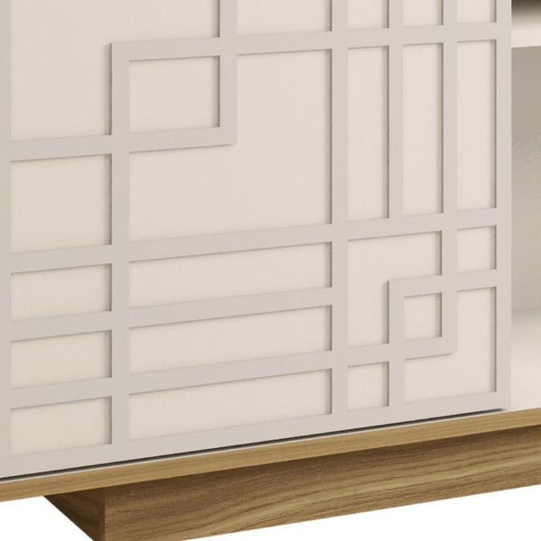 63 Inch Natural White Geometric Carved Wood Tv Stand with Enclosed Open Shelving