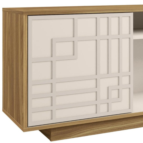 63 Inch Natural White Geometric Carved Wood Tv Stand with Enclosed Open Shelving