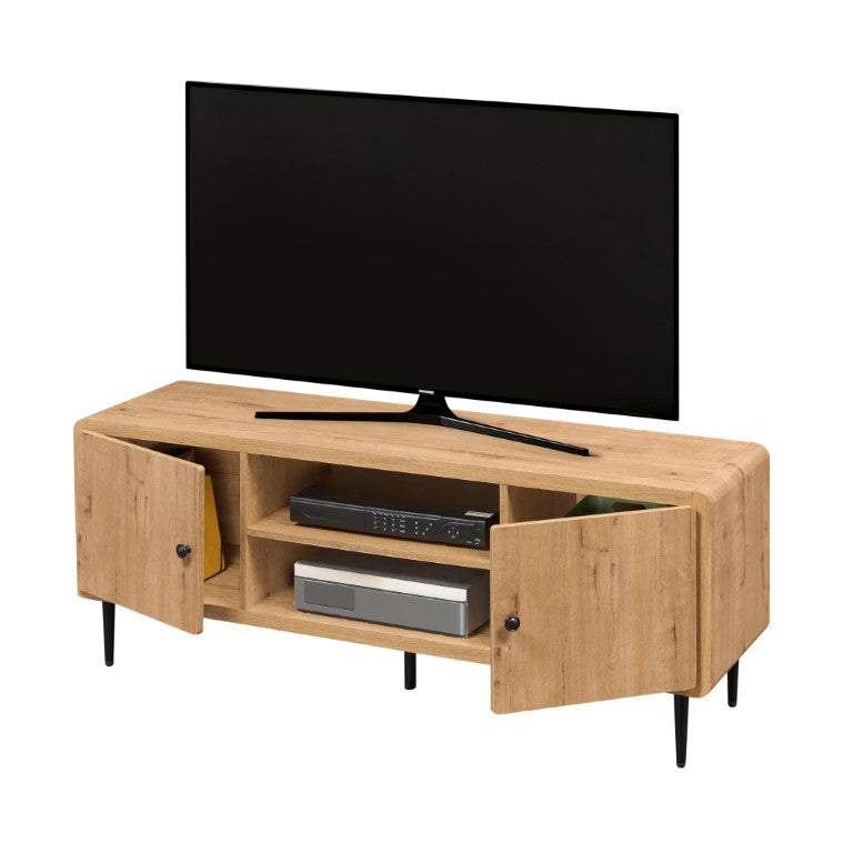 55 Inch Natural Wood Tv Stand with Enclosed Cabinet and Open Display Shelving