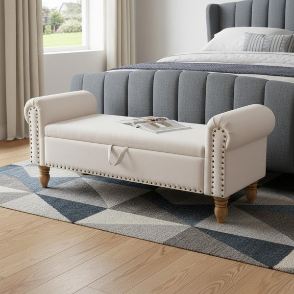55 Inch Linen Upholstered Storage Bench Solid Wood Base Flip Top Entryway Seat