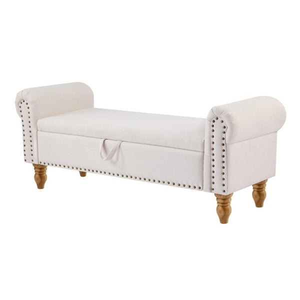 55 Inch Linen Upholstered Storage Bench Solid Wood Base Flip Top Entryway Seat