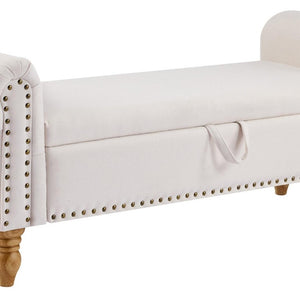 55 Inch Linen Upholstered Storage Bench Solid Wood Base Flip Top Entryway Seat