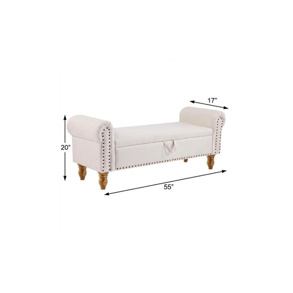55 Inch Linen Upholstered Storage Bench Solid Wood Base Flip Top Entryway Seat