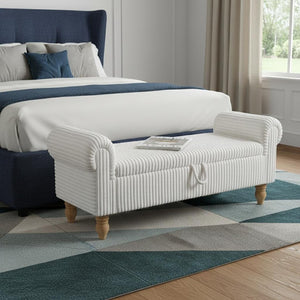 55 Inch Corduroy Upholstered Flip Top Storage Bench Solid Wood Base for Entryway Seating