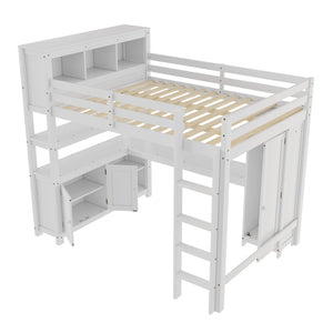 English Elm Full Size Pine Loft Bed House Frame with Slide Bookshelves and Moon Star Rails W1580S00162