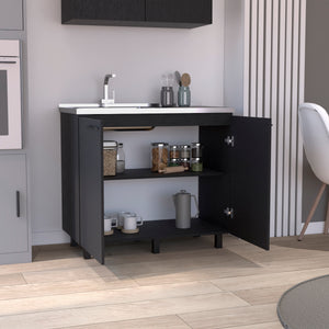 English Elm 2 Freestanding Utility Base Cabinet with Stainless Steel Top, Black Engineered Wood, Large Shelf & Handles B097S00111