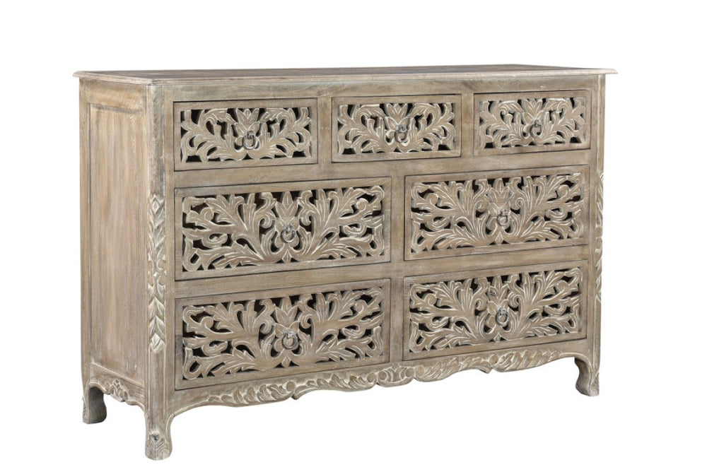 HomeRoots Five Piece Solid Wood Bedroom Furniture Collection with Dresser and Vanity Mirror 724209