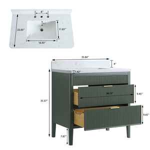 English Elm Fully Assembled 36" Green Bathroom Vanity With Solid Wood, Carrara Marble Top & Soft-Close Features W1826P308980