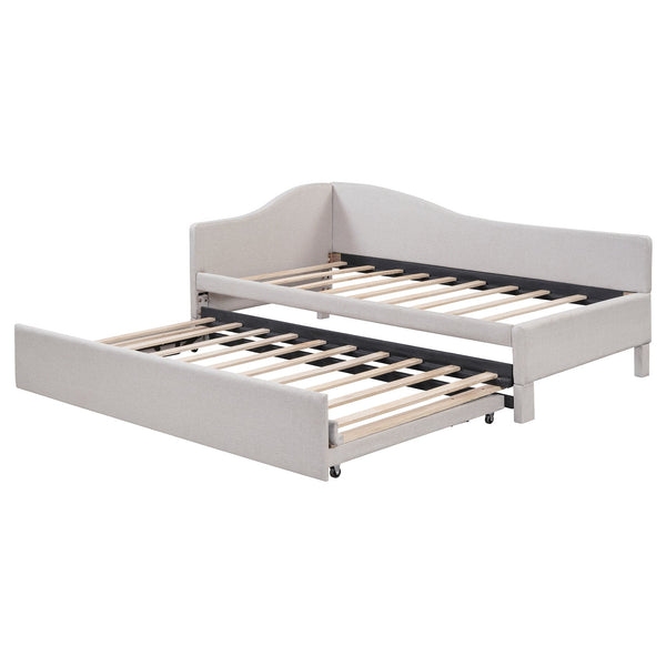 English Elm Twin Upholstered L-Shaped Daybed with Pop-Up Trundle, Space-Saving Guest Bed with Slats Kit and 400lb Capacity Beige SF000193AAA