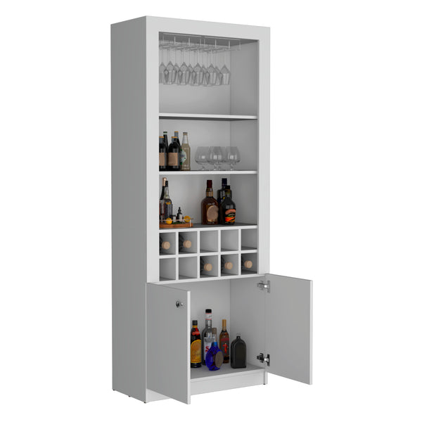 English Elm Nero 74-Inch Tall Modern Bar Cabinet with 10-Bottle Cubbies, 16 Stemware Slots & 4 Shelves, White B200P188834