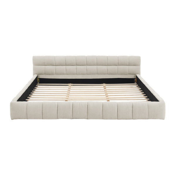 English Elm King Platform Bed Fully Upholstered in Plush Chenille with Low Profile Modern Frame Beige W487S00468
