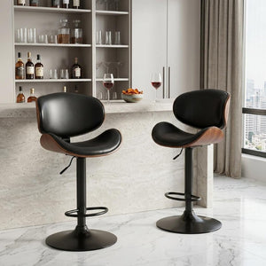 Set of Two Faux Leather Swivel Barstools Adjustable Height Aluminum Frame and Wood Footrest