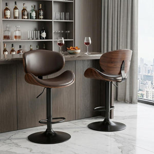Set of Two Faux Leather Swivel Barstools Adjustable Height Aluminum Frame and Wood Footrest