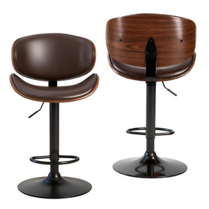 HomeRoots Set of Two Faux Leather Swivel Barstools Adjustable Height Aluminum Frame and Wood Footrest Brown / Black 724337
