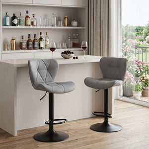 Set of Two Adjustable Swivel Barstools in Faux Leather with Aluminum Frame