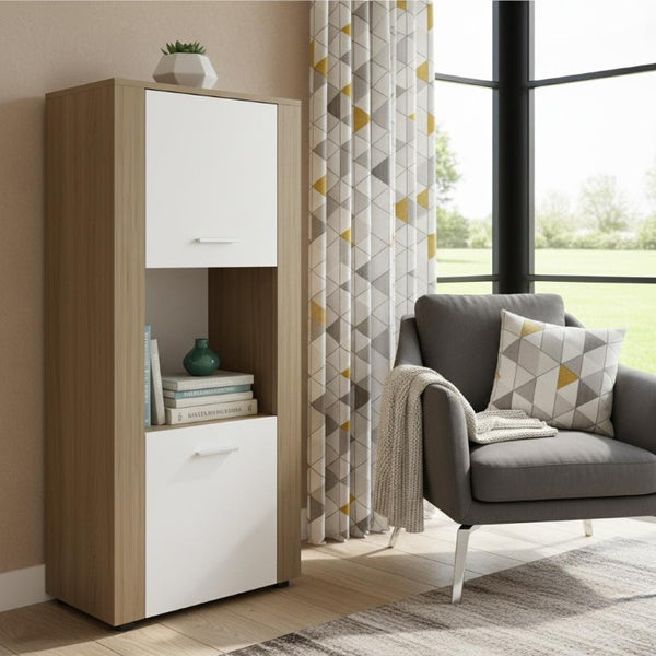 53 Inch Beige Wood Single Tier Bookcase with Cabinet Door for Living Room Storage