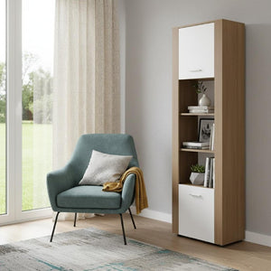 73 Inch Beige Wood Single Tier Bookcase with Cabinet Door for Living Room Storage