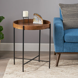 English Elm Round Mango Wood Tray Top End Table with Foldable Iron Legs for Living Room 68815.00
