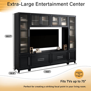 English Elm Vibe Haus Fluted Glass Wall Unit Tall Mdf Entertainment Console for Living Room N893S000011B