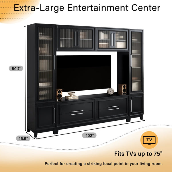 English Elm Vibe Haus Fluted Glass Wall Unit Tall Mdf Entertainment Console for Living Room N893S000011B