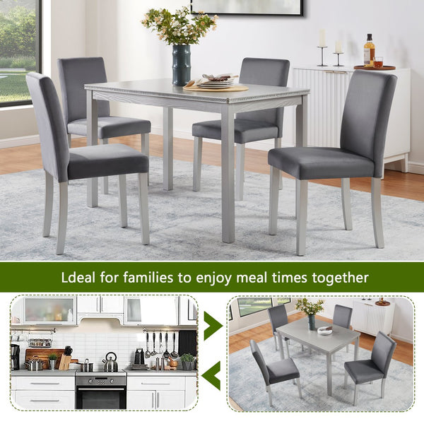 English Elm 5 Piece Wooden Dining Table Set - Elegant Silver Grey Kitchen Furniture With 4 Plush Chairs & Glam Accents W1998S00069