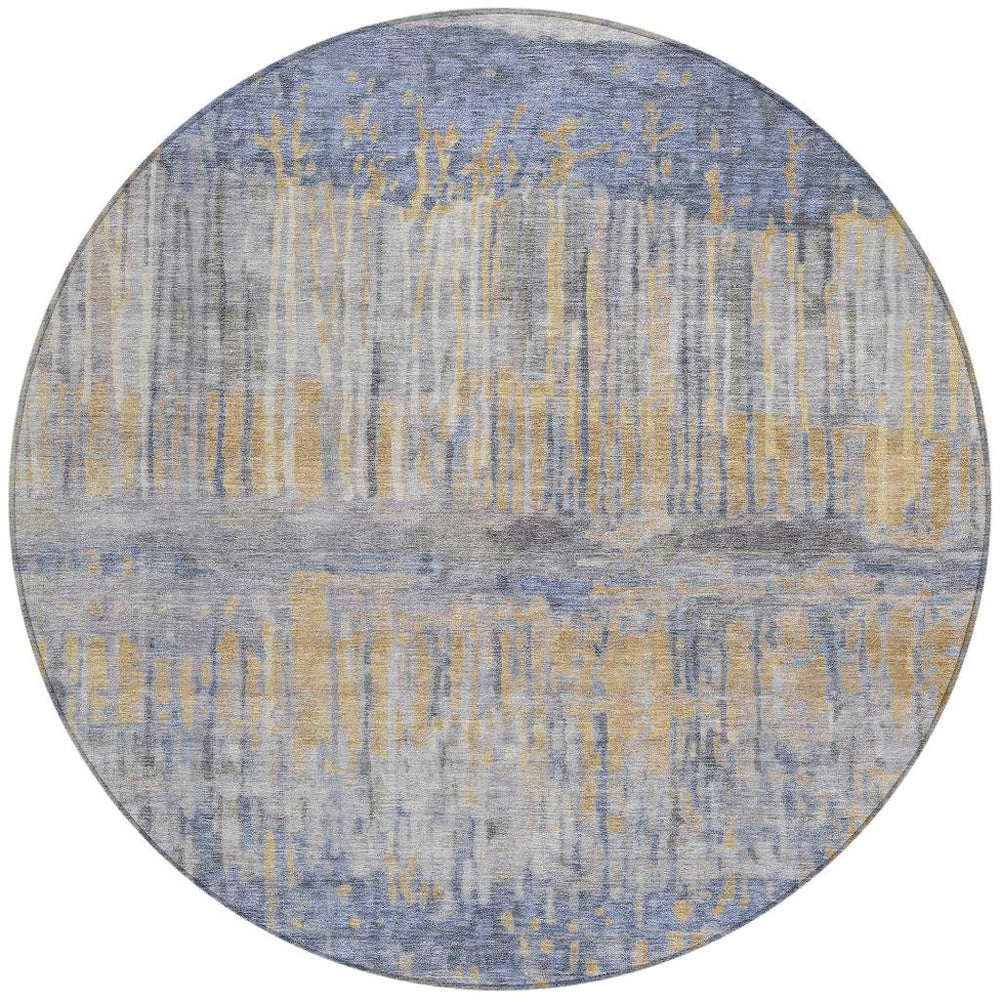 HomeRoots 8 Ft Round Abstract Polyester Area Rug Washable Indoor Outdoor Coastal Blue 724415
