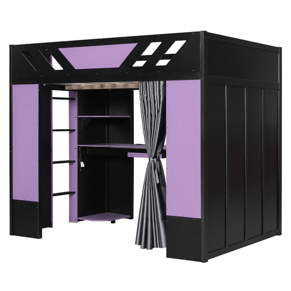 English Elm Full Size Loft Bed with Desk Blackout Curtains Rgb Lighting and Integrated Storage Purple+Black LT000377AAI