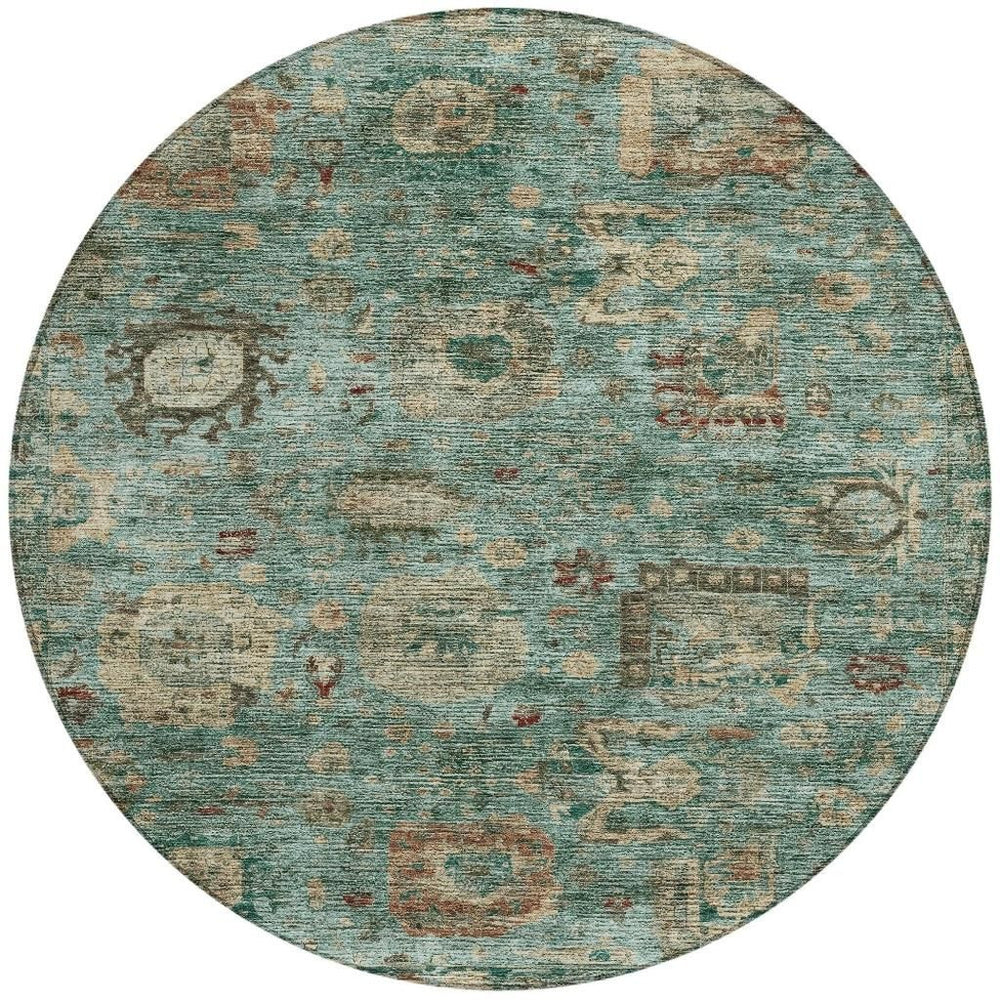 HomeRoots 8 Foot Round Abstract Polyester Area Rug in Blue Teal for Indoor Outdoor Spaces 724447