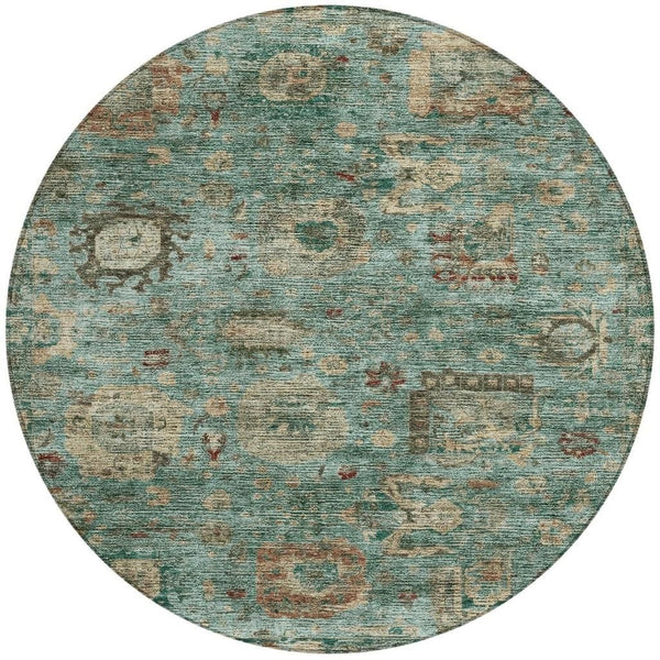 8 Foot Round Abstract Polyester Area Rug in Blue Teal for Indoor Outdoor Spaces