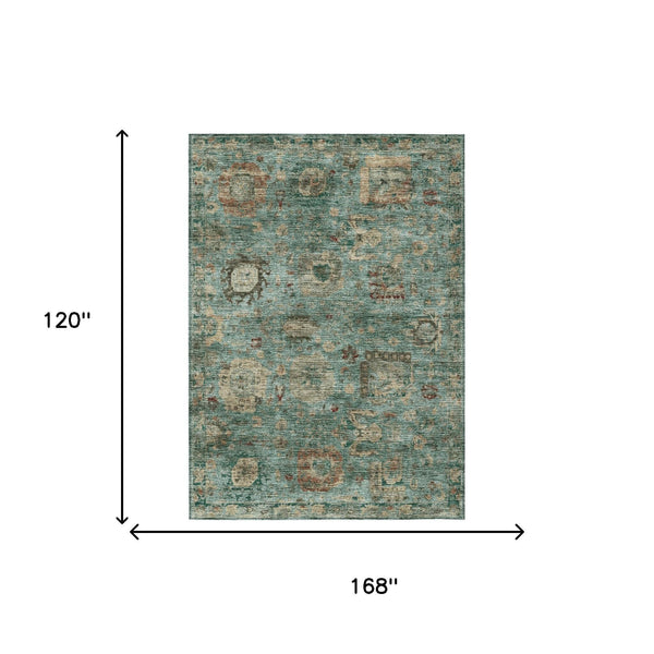 Abstract Teal Washable Polyester Area Rug for Indoor Outdoor Living Spaces and Coastal Decor