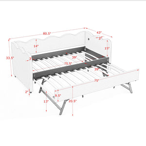 English Elm Cozy Twin Gingham Daybed with Trundle Sofa Bed, Linen Upholstery, USB Port, Wave Frame Design Navy W1413S00101