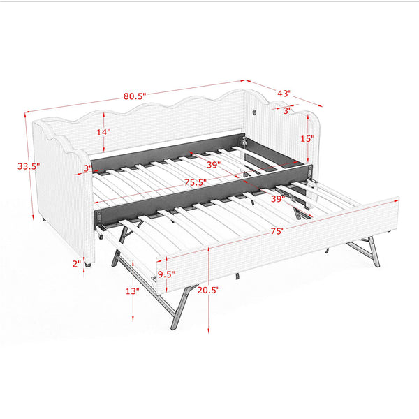 English Elm Cozy Twin Gingham Daybed with Trundle Sofa Bed, Linen Upholstery, USB Port, Wave Frame Design Navy W1413S00101