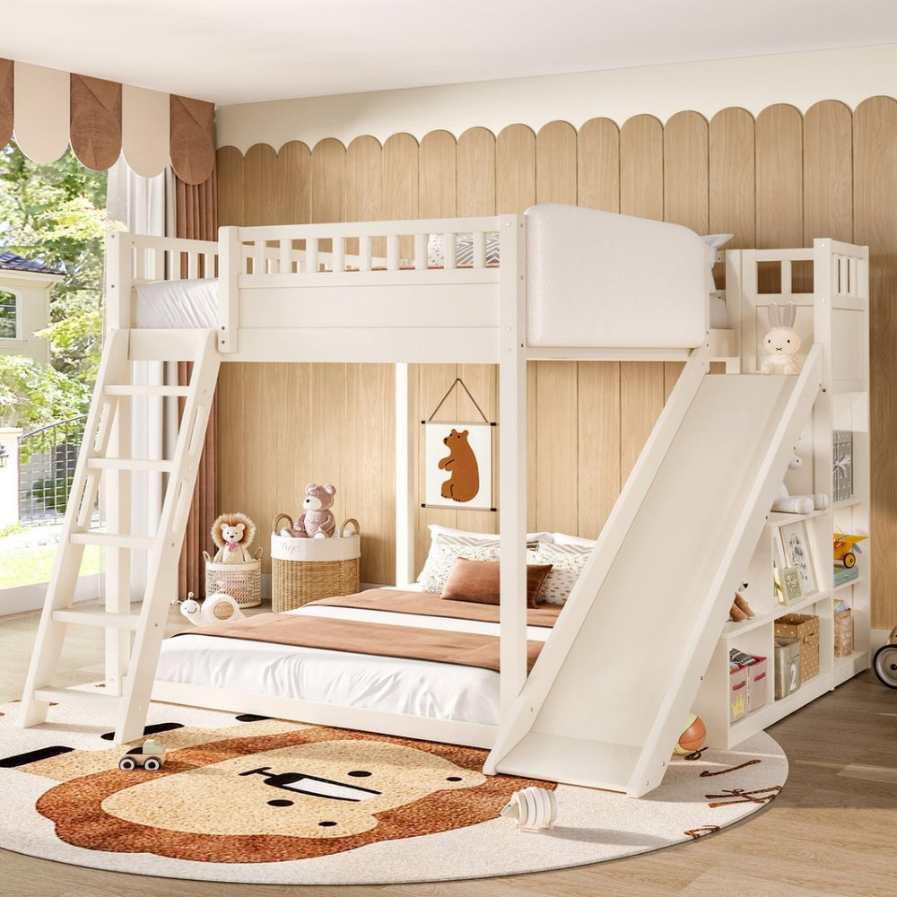 English Elm Full Size Kids Loft Bed Pine Frame Upholstered Headboard Built in Slide and Storage Shelves Beige W1580S00305